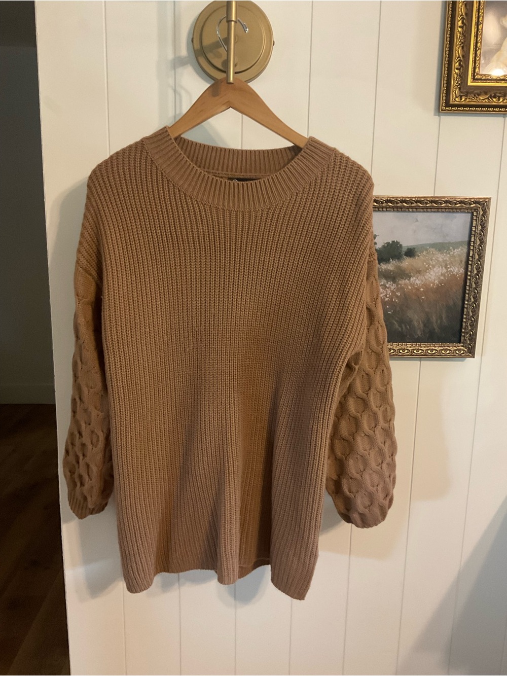 Chunky Camel Knit Sweater with Bubble Cable Sleeves